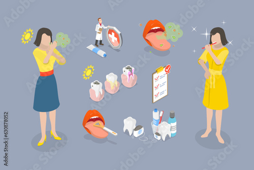 3D Isometric Flat Vector Conceptual Illustration of Oral Hygiene, Dental Care
