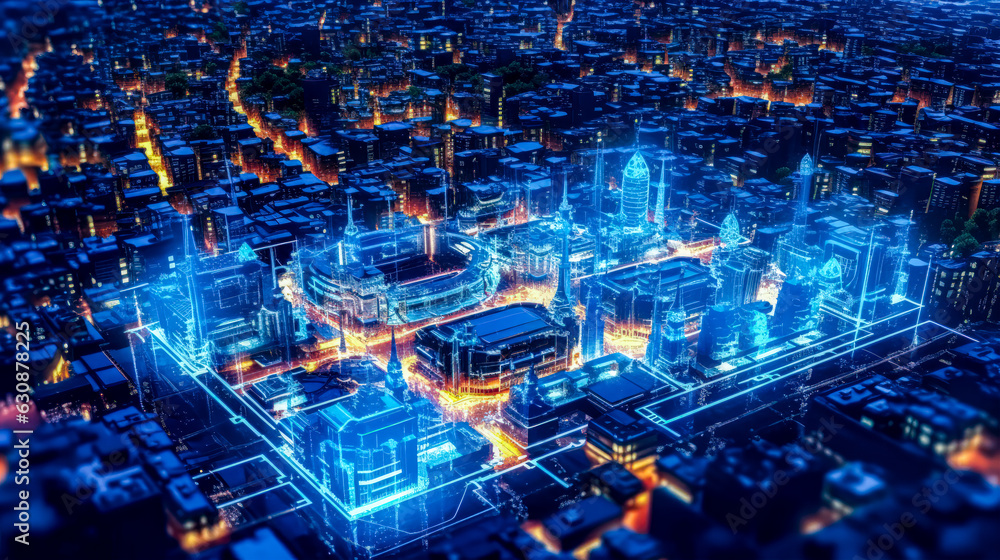 Smart City at Night with Glowing Blue Lines and Orange Streets Data Analytics Solution Technology AI Generated Smart City at Night with Glowing Blue Lines and Orange Streets Data Analytics Solution Technology AI Generated