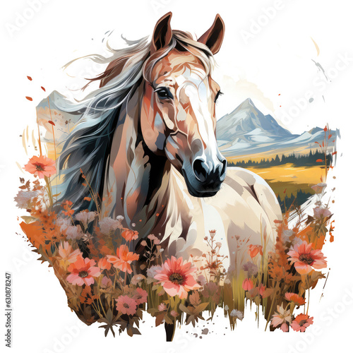 A tranquil horse t-shirt design presenting a scene of a horse peacefully grazing in a sunlit meadow, Generative Ai
