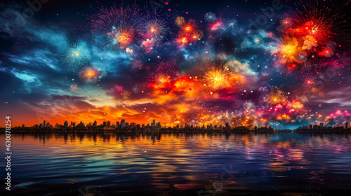 Vibrant and Bold Festive Fireworks Display in Colorful Sky above Cityscape Celebration Background AI Generated