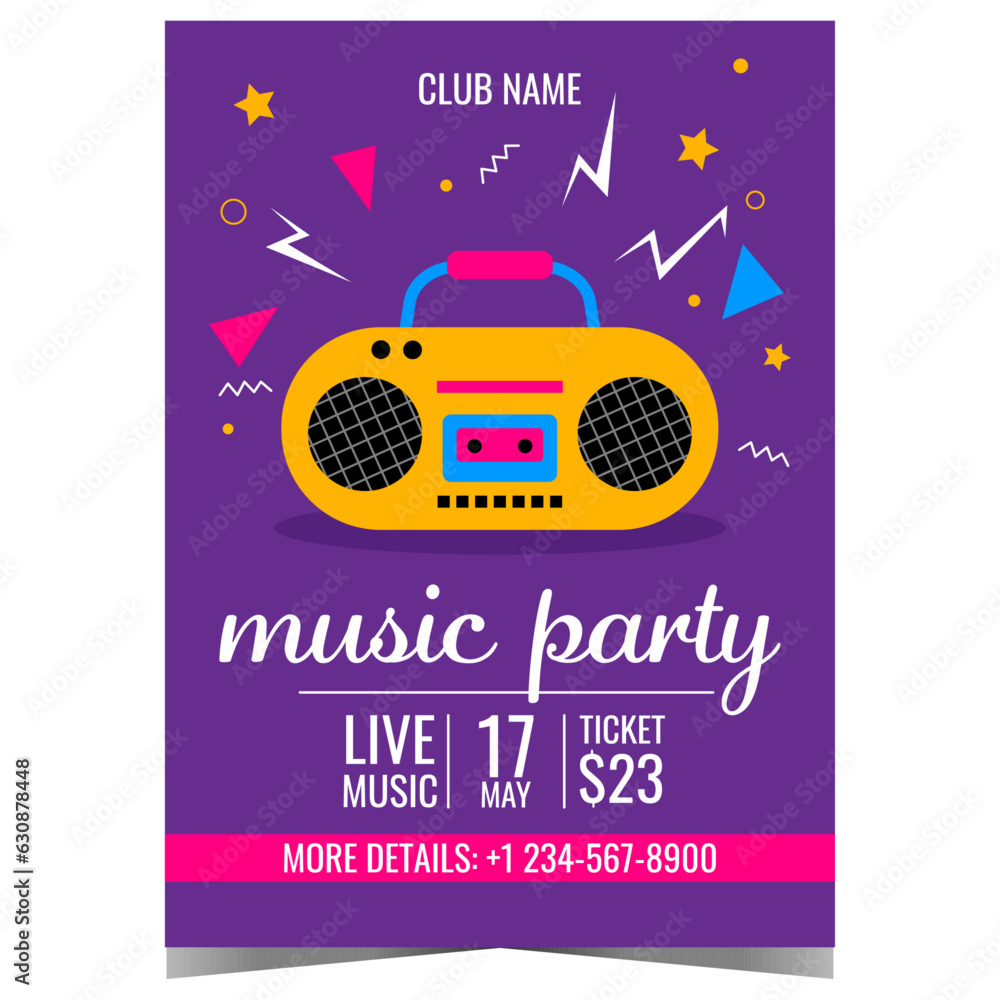 Music party invitation poster or promo banner with vintage tape recorder and colourful abstract graphic elements on the blue background. Disco dance concept. Ready to print vector illustration.