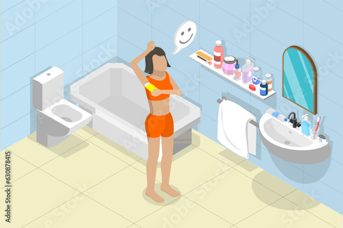 3D Isometric Flat Vector Conceptual Illustration of Domestic Daily Morning Routine, Hygiene Procedure