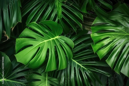 Green leaves background. Green tropical monstera leaves, image generated with AI