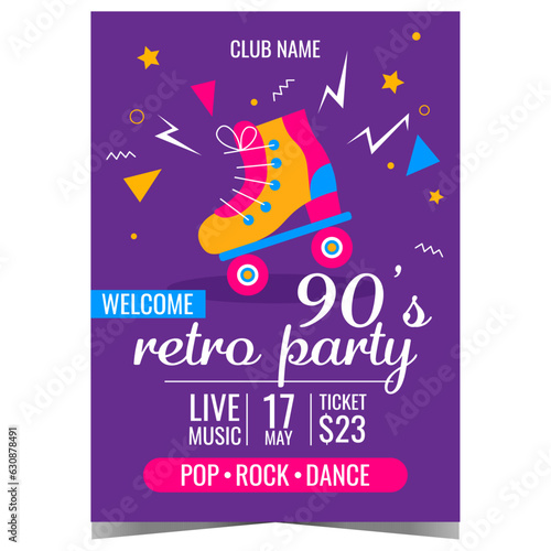 Retro music party poster in 90's style with vintage disco roller skates and colourful abstract graphic elements on the blue background. Invitation for disco dance event in the night club.