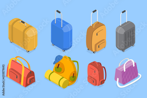 3D Isometric Flat Vector Set of Travel Luggage Types, Journey and Adventure Baggage