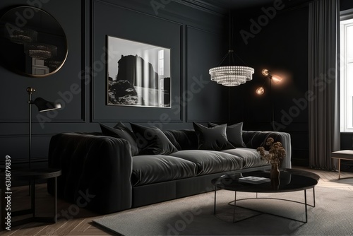 Home mockup cozy dark living room interior with sofa, generated by AI