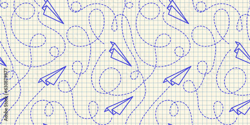 Seamless pattern with ink drawn paper airplane and dotted lines on a checkered notebook sheet background in flat style