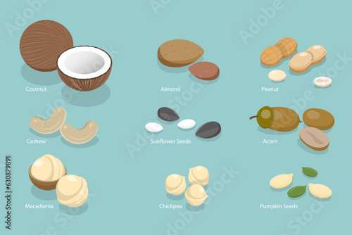 3D Isometric Flat Vector Set of Nuts and Beans, Healthy Nutrition and Vitamins