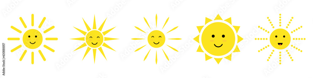 Collection of cute vector sun with smile. Happy sun collection.