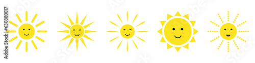 Collection of cute vector sun with smile. Happy sun collection.