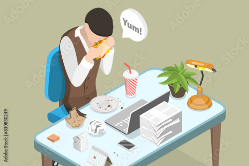 3D Isometric Flat Vector Conceptual Illustration of Lunch, Busy Employees Meal