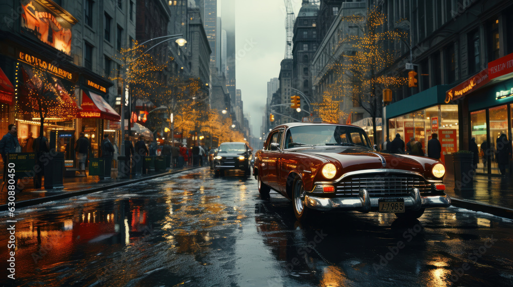 usa street, light rain, vehicles