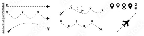 Vector planes with flight routes. Map pins and airplanes - vector elements.