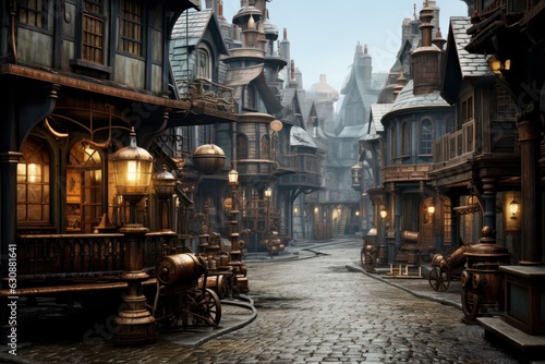 steampunk style vehicle, flying through the air on the street of steampunk city, woman