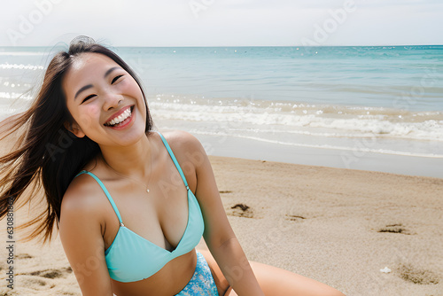 Happy beautiful young asian woman smiling at the beach side - Delightful Healthy lifestyle concept with female laughing outside