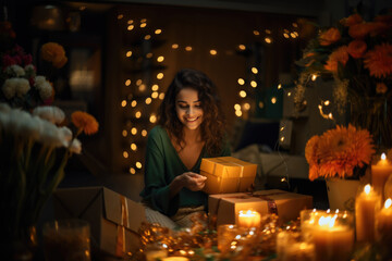 Beautiful Indian girl in a fancy traditional outfit opening the gift box  in decorated luxury home