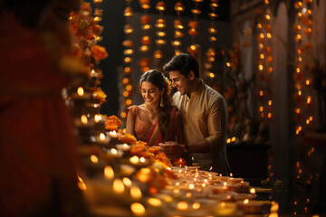 Indian young couple celebrating diwali ,holding plate of diya, night scene with lighting background