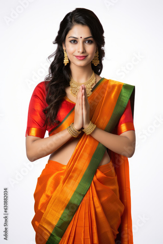 Indian pretty woman in saree in prayer pose or welcoming guests, isolated over white background