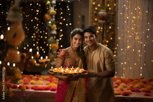 Indian young couple celebrating diwali ,holding plate of diya, night scene with lighting background photo