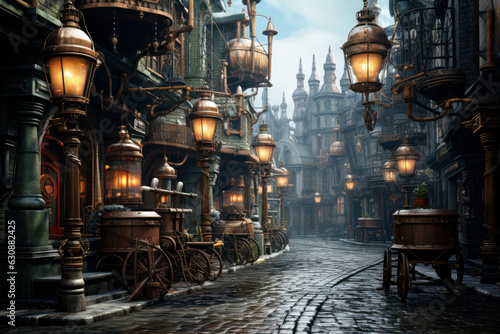 steampunk style vehicle, flying through the air on the street of steampunk city, woman