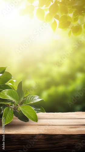 wooden table with plant leaves - blurred green nature background - can be used to display products