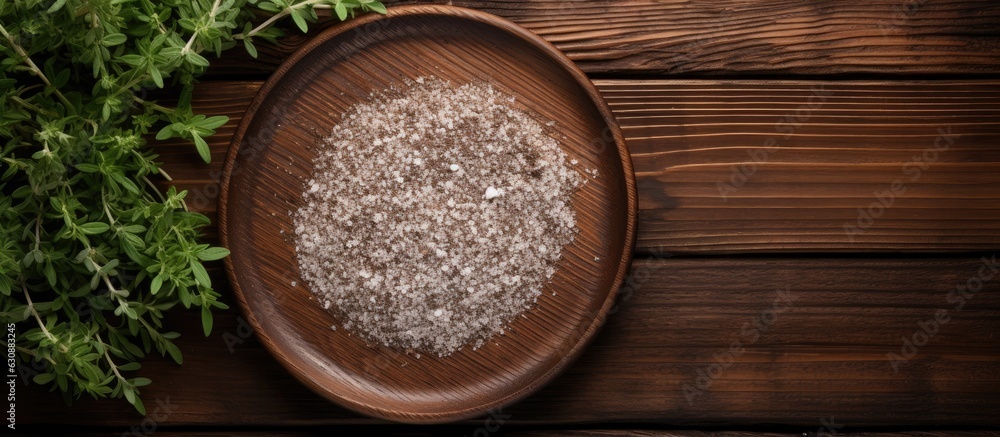 Top view of a dark wooden background with a round wooden plate containing herbs and salt. Top view of a dark wooden background with a round wooden plate containing herbs and salt.