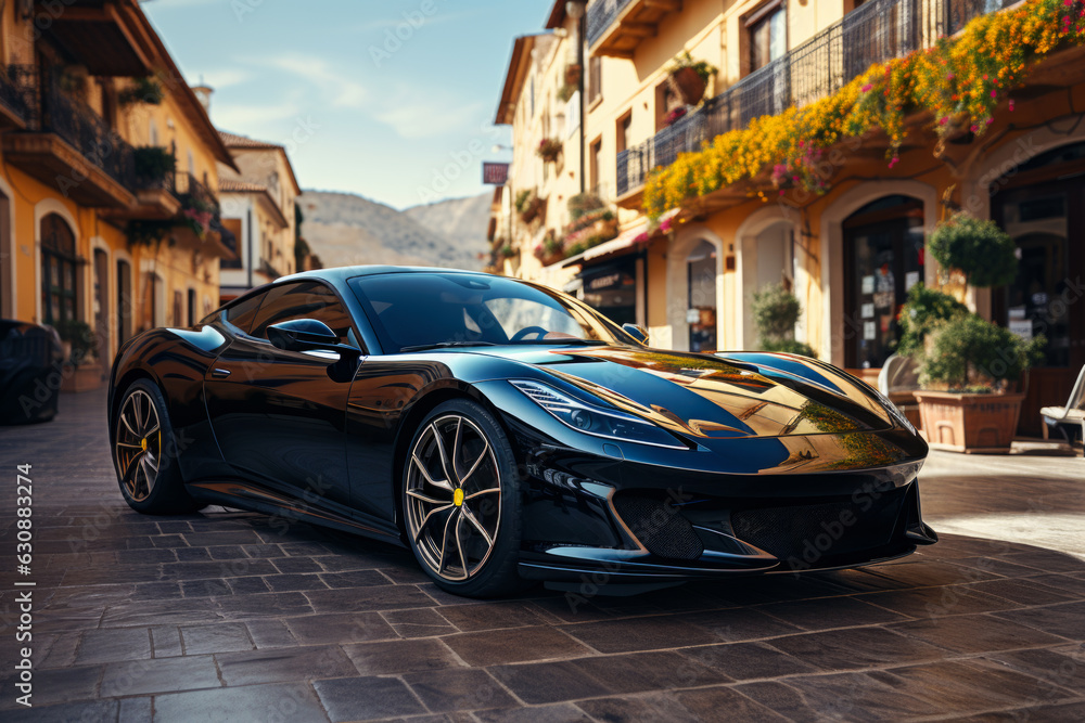 Futuristic sports super concept car on the street of a European city, street racing on expensive exclusive luxury auto - obrazy, fototapety, plakaty 