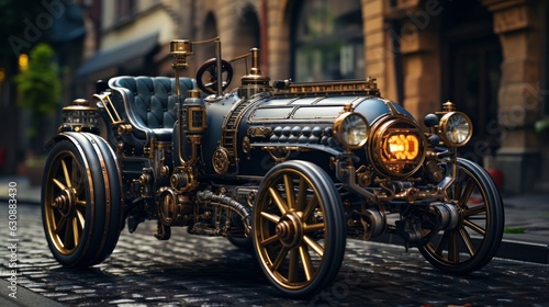 steampunk style vehicle, flying through the air on the street of steampunk city