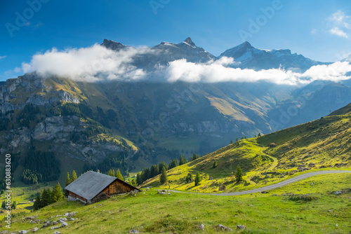 Amazing touristic alpine village in valley, Switzerland attraction