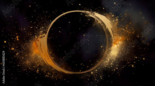 Golden circle on black background, gold brush strokes, luxury and elegant circle for business, celebration, creativity. card.