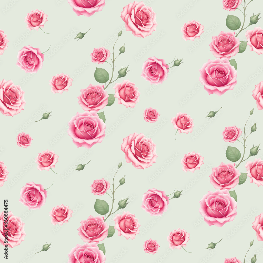 Seamless pattern pink rose flower and soft buds elements on green background