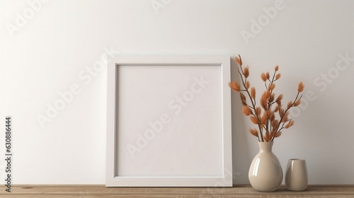 Empty picture frame and vase with dry cozy flowers. . Minimalist style home interior decoration. Simple and elegant design. Copy space image.