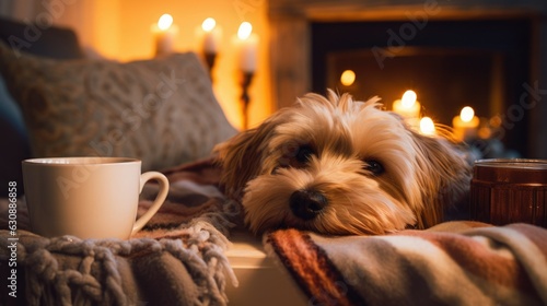 Brown terrier dog looking sad and sulking over his empty cup of coffee, lying face down on a cozy wool blanket with a warm fireplace fire in the background - generative AI © SoulMyst