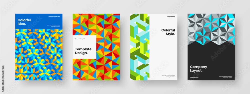 Bright geometric hexagons cover concept composition. Premium pamphlet A4 design vector template collection.