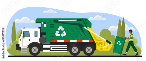 Man and garbage truck concept. Trash recycling and reuse. Caring for environment, nature and ecology, reducing release of hazardous waste. Sustainable liestyle. Cartoon flat vector illustration