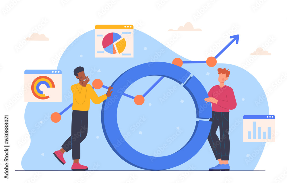 Team of analytics concepts. Men with graphs and charts. Data visualization and infographics. Employees conduct market research. Evaluation of income and expenses. Cartoon flat vector illustration Team of analytics concepts. Men with graphs and charts. Data visualization and infographics. Employees conduct market research. Evaluation of income and expenses. Cartoon flat vector illustration