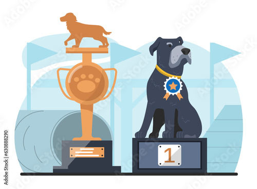 Dog with award concept. Golden statue with best puppy. Domestic animal and pet with trophy. Reward and achievement. Dog at competition and tournament. Cartoon flat vector illustration