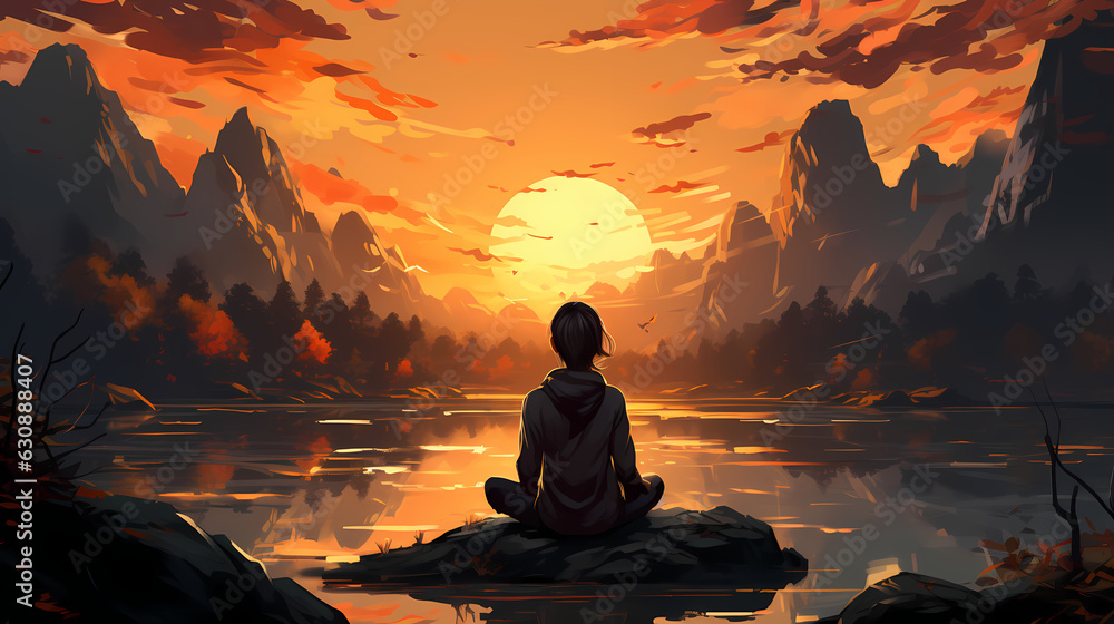 Painting of a man sitting by a lake and meditating