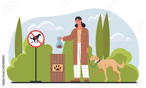 Woman cleaning up after dog concept. Young girl near trashcan with poop. Owner with pet at walking. Caring for cleanliness and nature in park, responsible character. Cartoon flat vector illustration