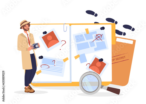 Detective and secret document concept. Man with magnifying glass near folder with information. Police officer investigating crime. Young guy with evidence. Cartoon flat vector illustration