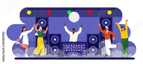 People at disco club concept. Men and women dance with disco ball. DJ and disc jockey at holiday and festival. Dancing and entertainment, fun. Poster or banner. Cartoon flat vector illustration