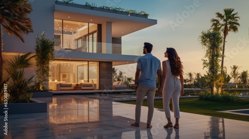 Beautiful young couple outside house at sunset.
