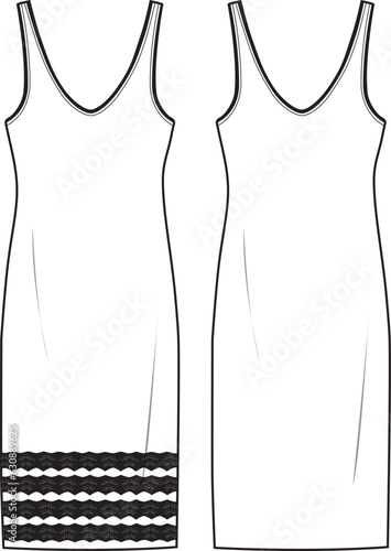 Women's Crochet Hem Knit Dress. Dress technical fashion illustration. Flat apparel dress template front, white-black colour. Women's CAD mock-up.