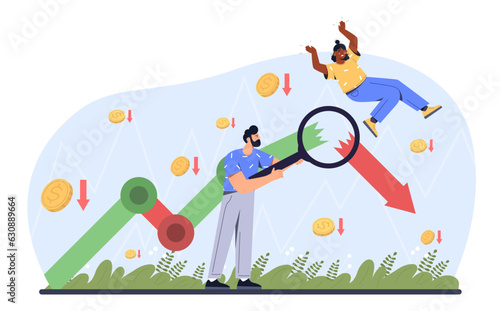People with fall of stock market concept. Man and woman studying graphs. Traders and investors analysts and consultants. Financial literacy and passive income. Cartoon flat vector illustration