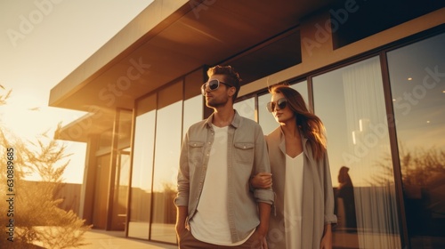 Beautiful young couple outside house at sunset