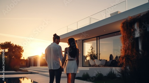 Beautiful young couple outside house at sunset