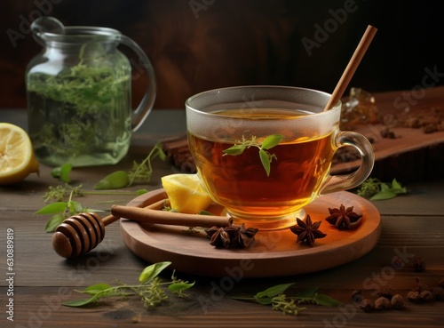 A cup of hot honey and sour green tea with spices