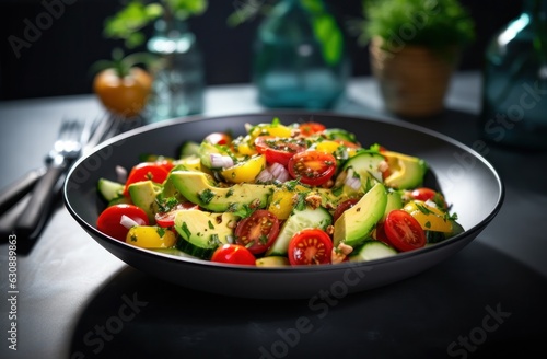 An avocado mixed salad with red cabbage and tomato