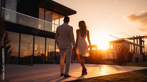 Beautiful young couple outside house at sunset