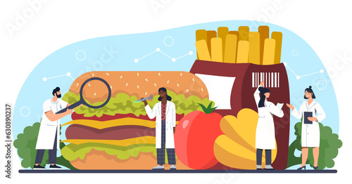 People with food research concept. Men and women in medical suits with magnifying glass near burger, tomato and french fries. Microbiology and biochemistry. Cartoon flat vector illustration